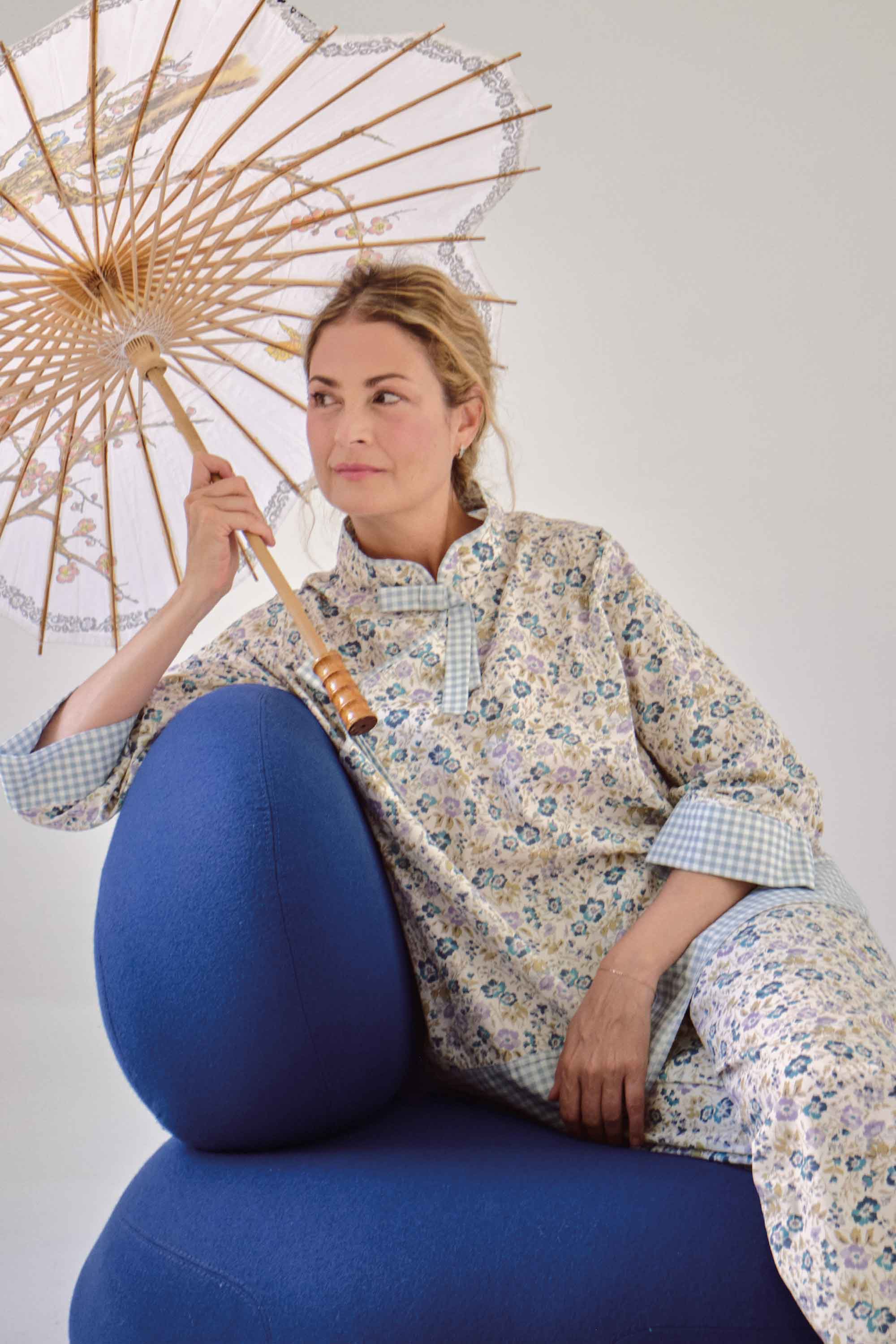 ELLIPSE BY GLORIA SALDARRIAGA COTTON MIXED MINIPRINT LONG PAJAMA SET