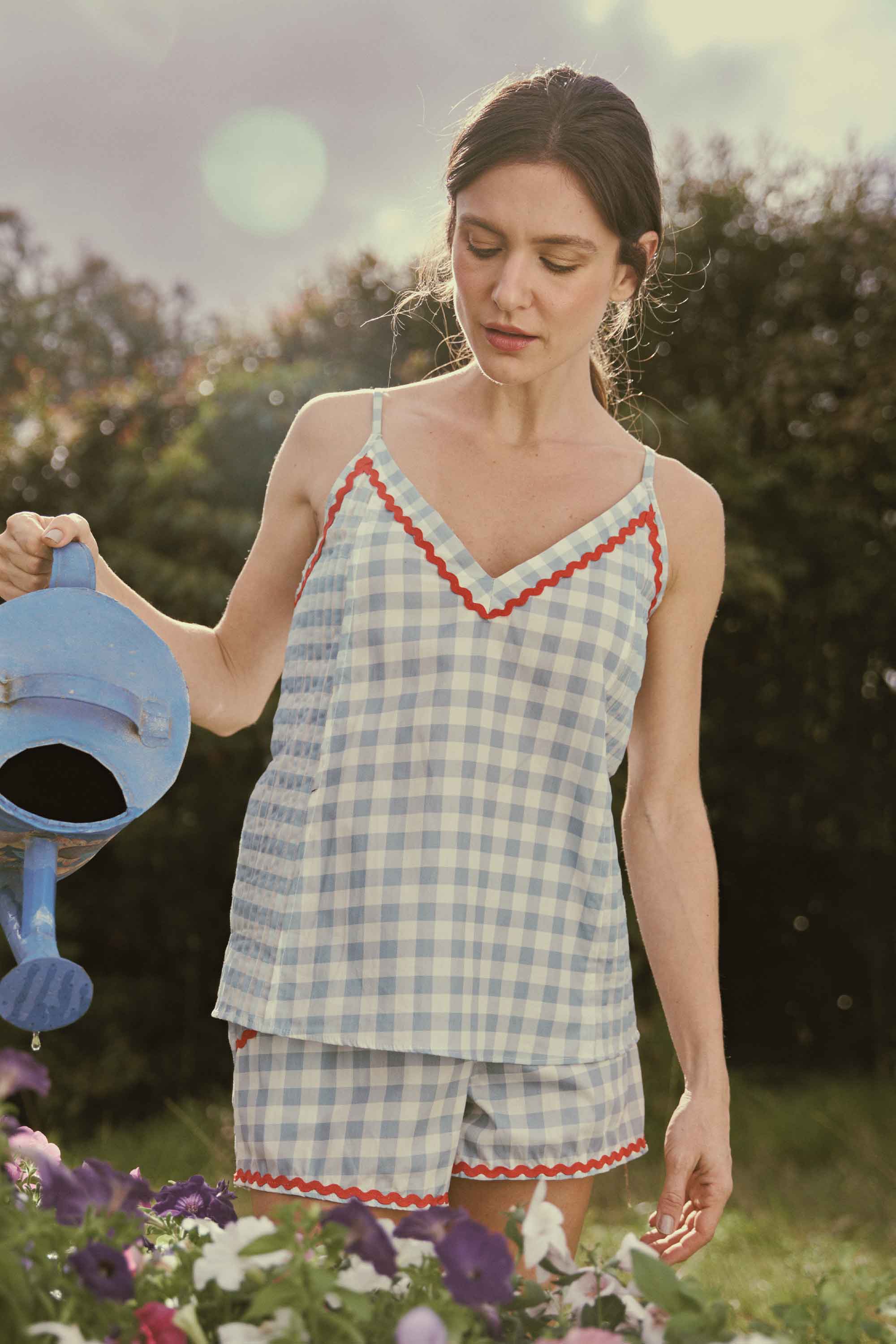 ELLIPSE BY GLORIA SALDARRIAGA COTTON GINGHAM SHORTS PAJAMA SET