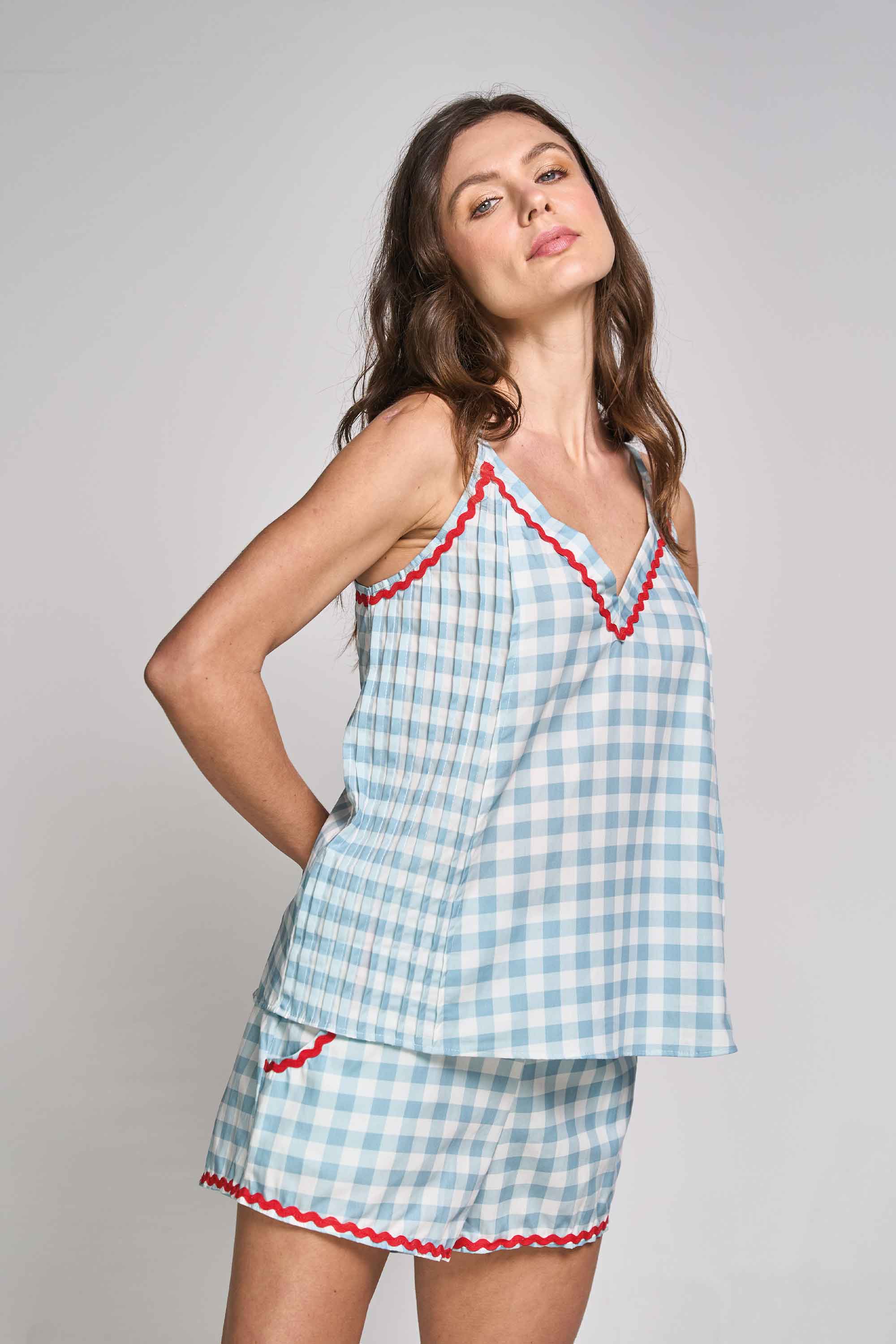 ELLIPSE BY GLORIA SALDARRIAGA COTTON GINGHAM SHORTS PAJAMA SET