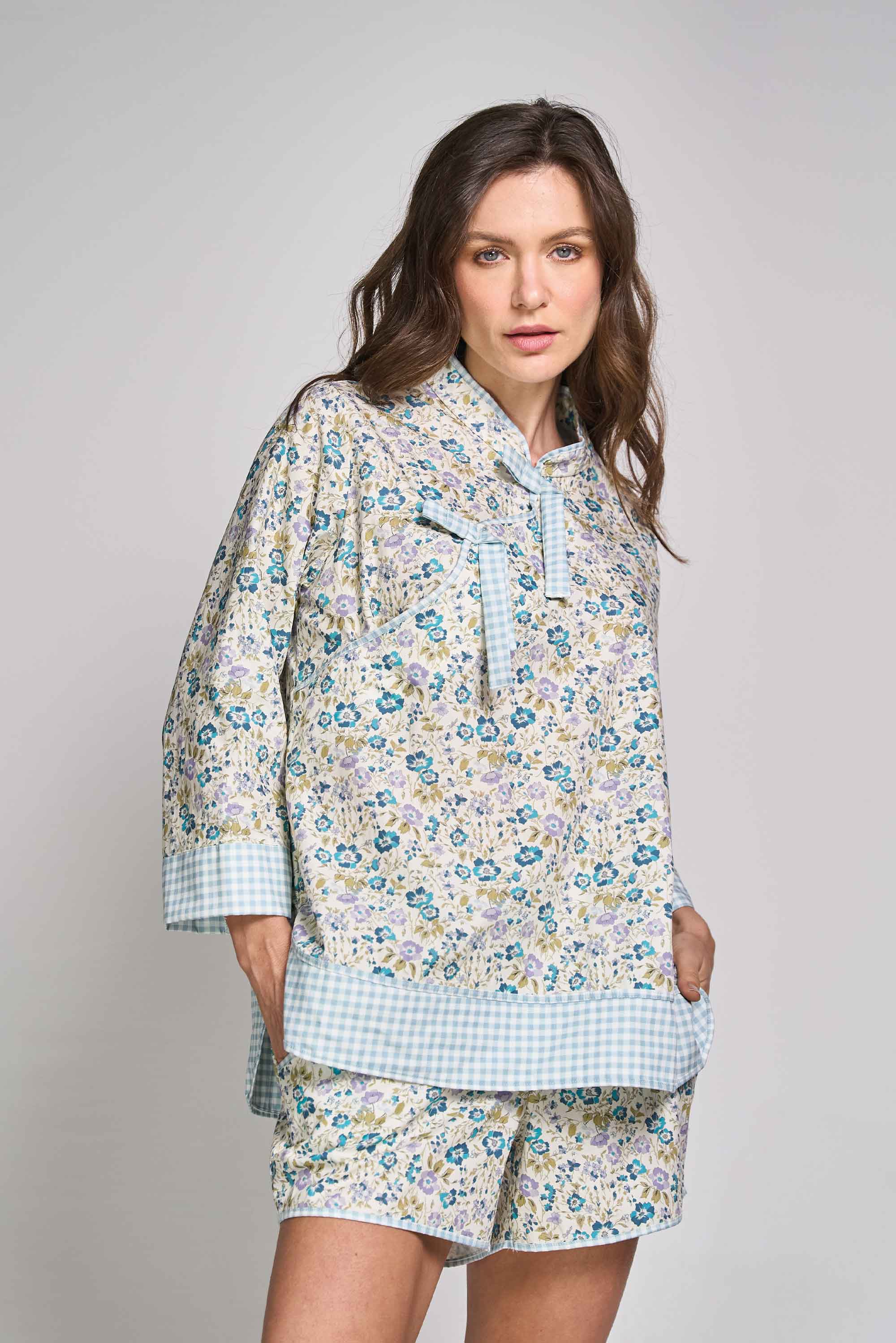 ELLIPSE BY GLORIA SALDARRIAGA COTTON MIXED MINIPRINT SHORTS PAJAMA SET