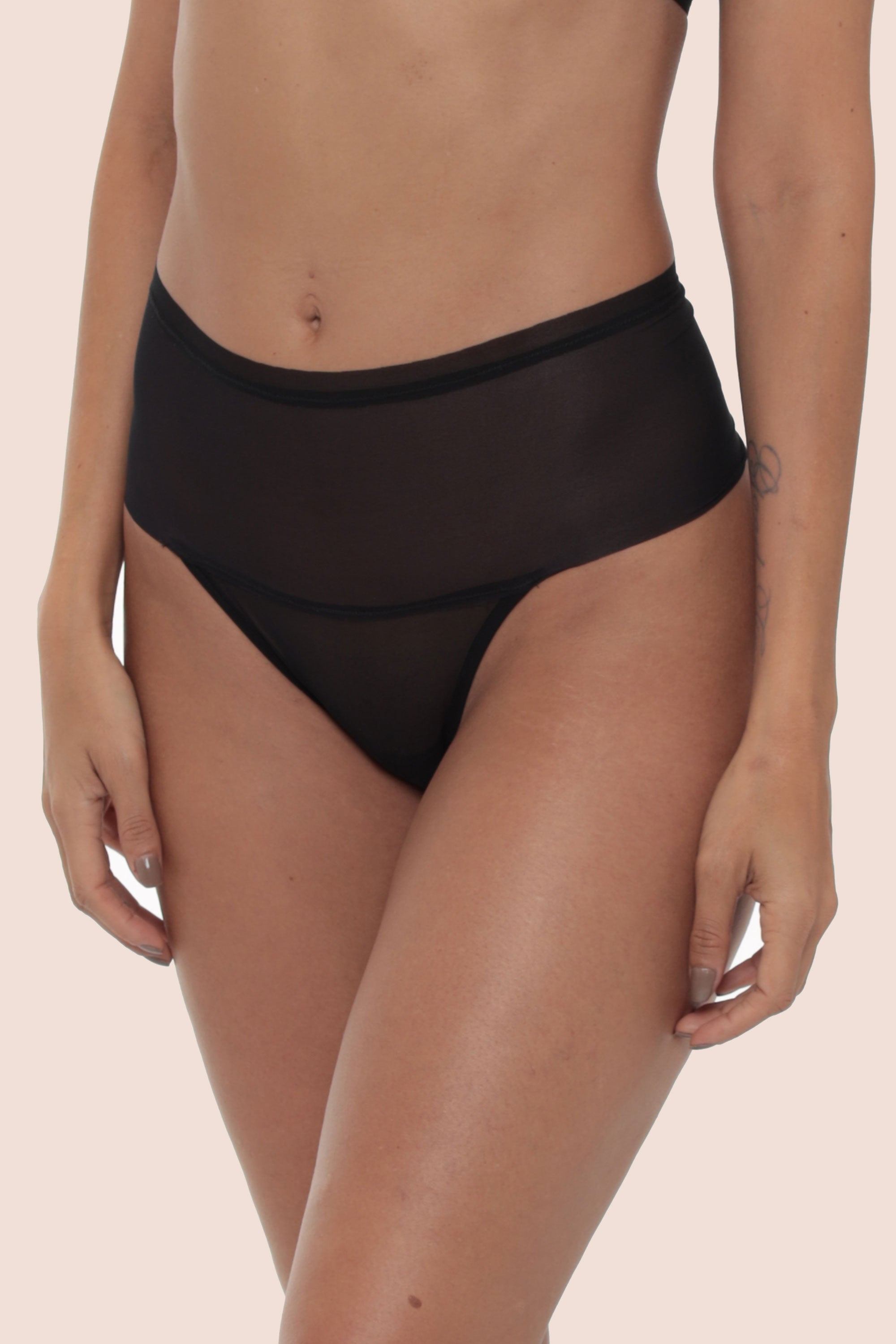 Invisible High-Waisted Tulle Thong Black